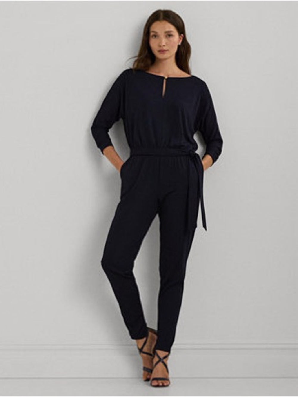 Ralph Lauren Women’s Black Long-Sleeve Jumpsuit with Waist Tie